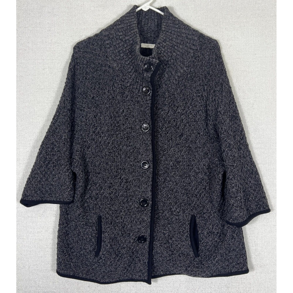 Talbots Button Up Cardigan Sweater Womens 1x? (Missing Size Tag) Gray Black Trim